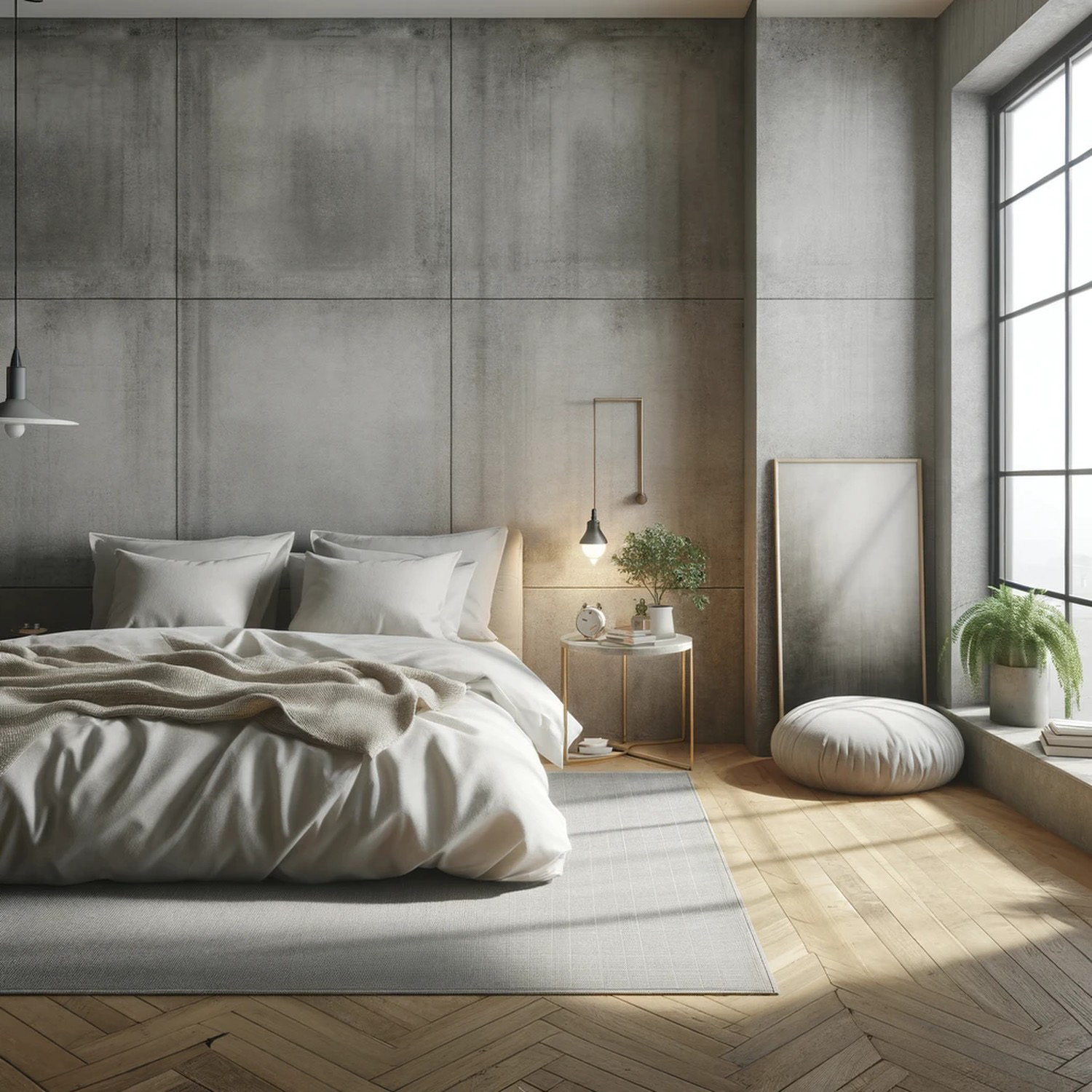 Płyty betonowe na ścianie w sypialni w aranżacji w stylu minimalizm