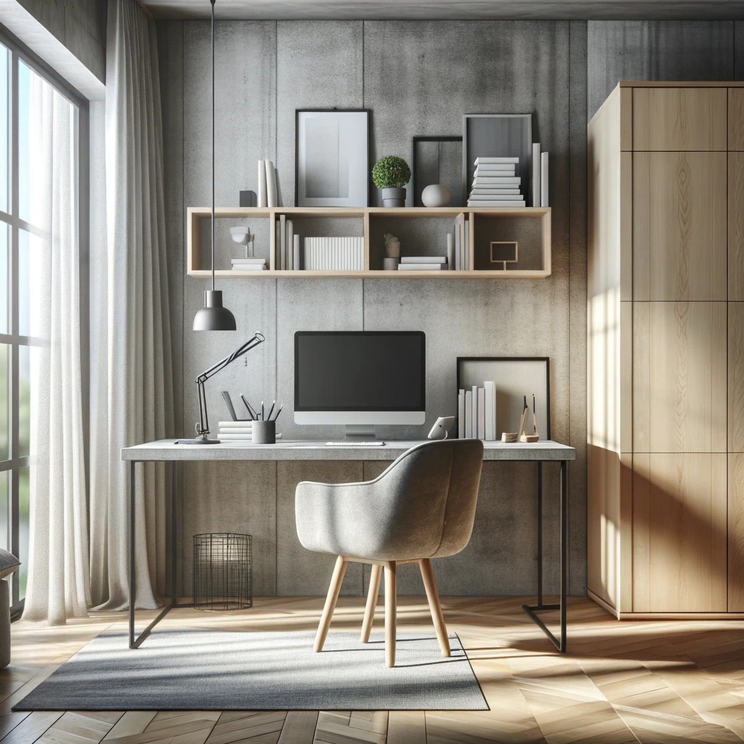 Domowe biuro z płytami betonowymi na ścianie w stylu minimalistycznym